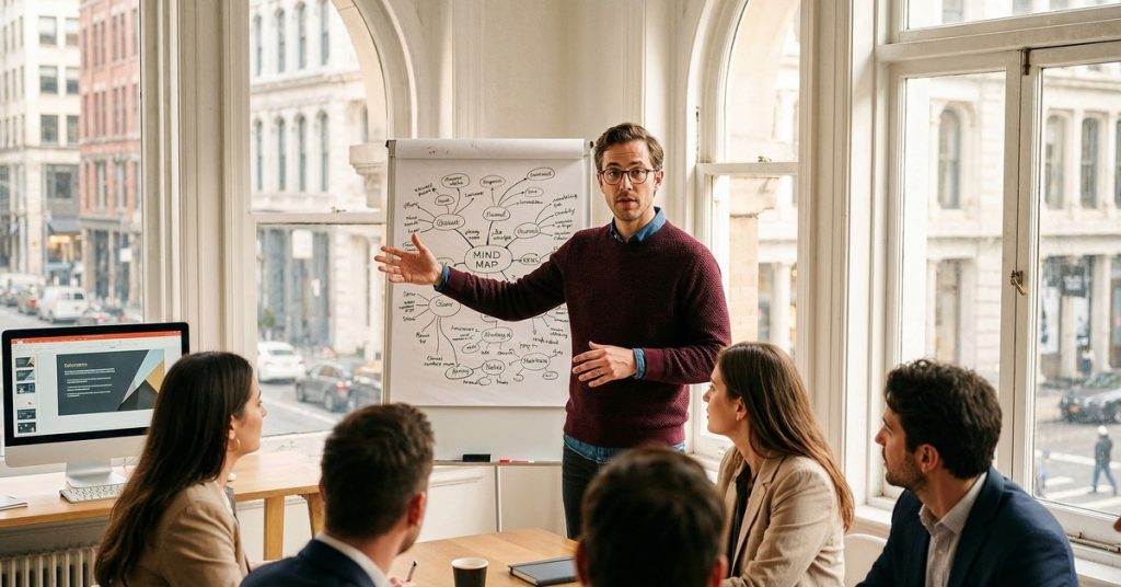 Egy ember előad egy csoportnak a stratégiáról